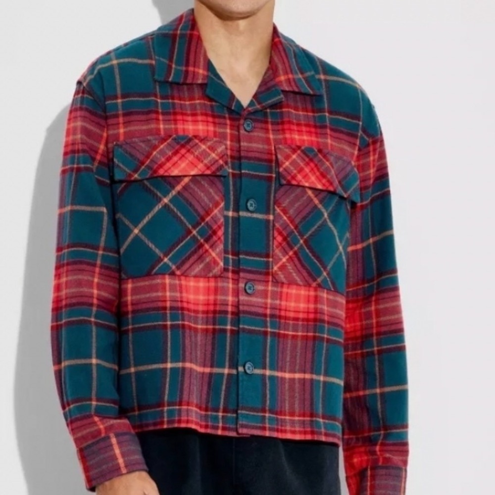 Original Use Mens XXL Boxy Flannel Shirt Red Teal Plaid Long Sleeve Button Down